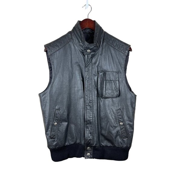 Porsha Black Leather Biker Vest Bomber Men's Size 42 Pockets - Picture 1 of 9